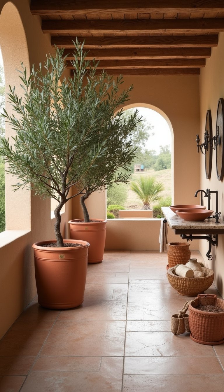 Banheiro Mediterrâneo com Oliveiras em Vasos Grandes