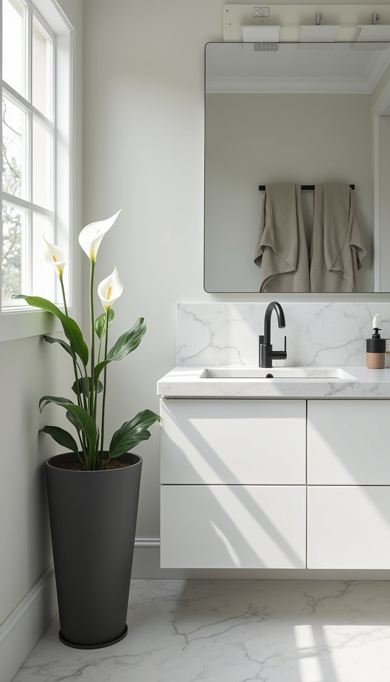 Banheiro Minimalista com Lírio da Paz Elegante