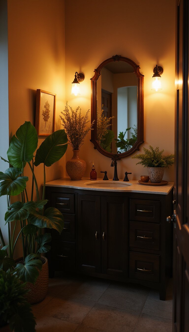 Banheiro Noturno com Iluminação Suave e Plantas