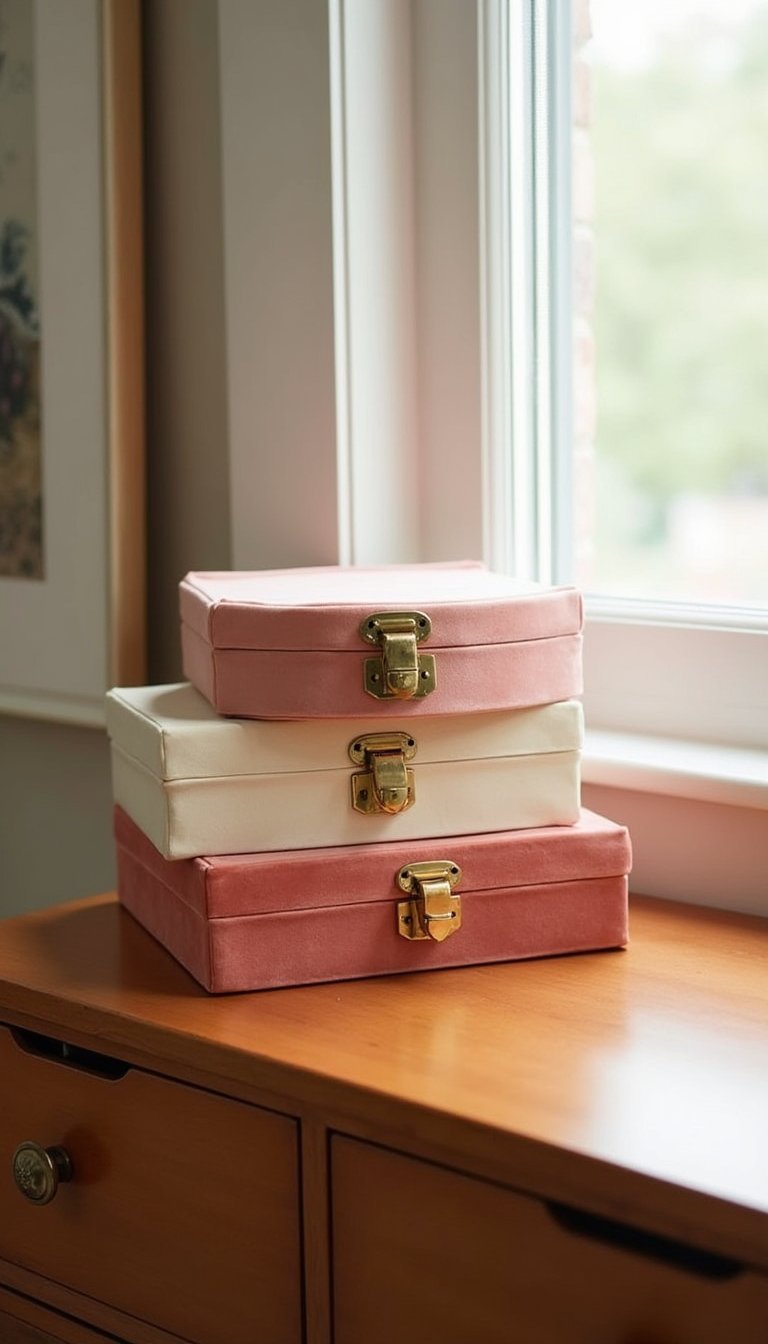 Caixas de Veludo em Camadas Sobre a Cômoda