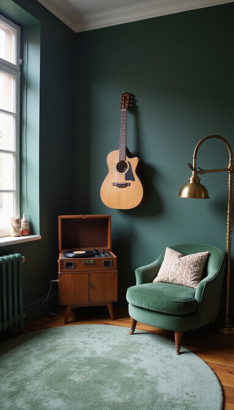 Coin Musique Vintage Avec Tapis Sauge Et Instruments