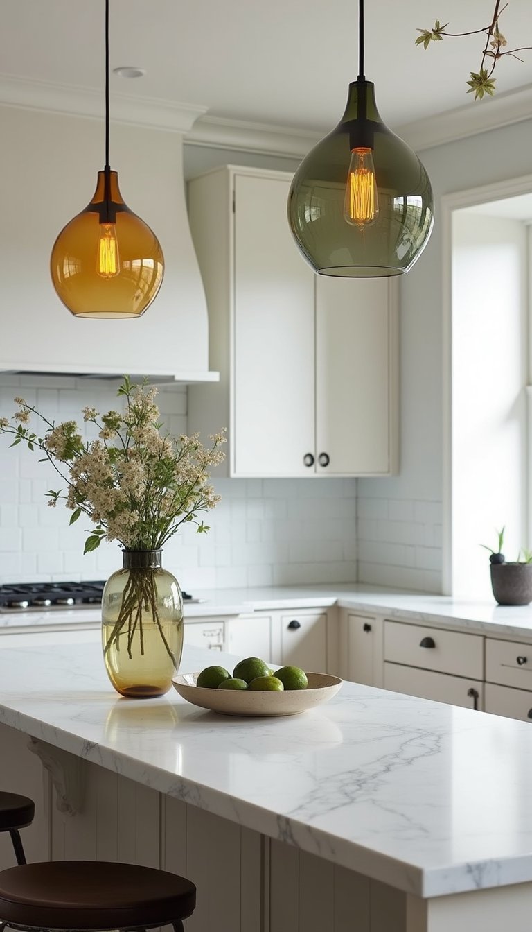 Suspension En Verre Soufflé Coloré Au‑dessus De L'îlot