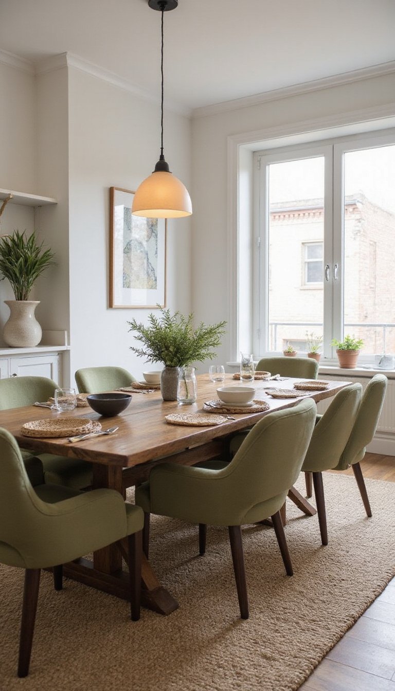 Sage Dining Chairs Against A Wood Table