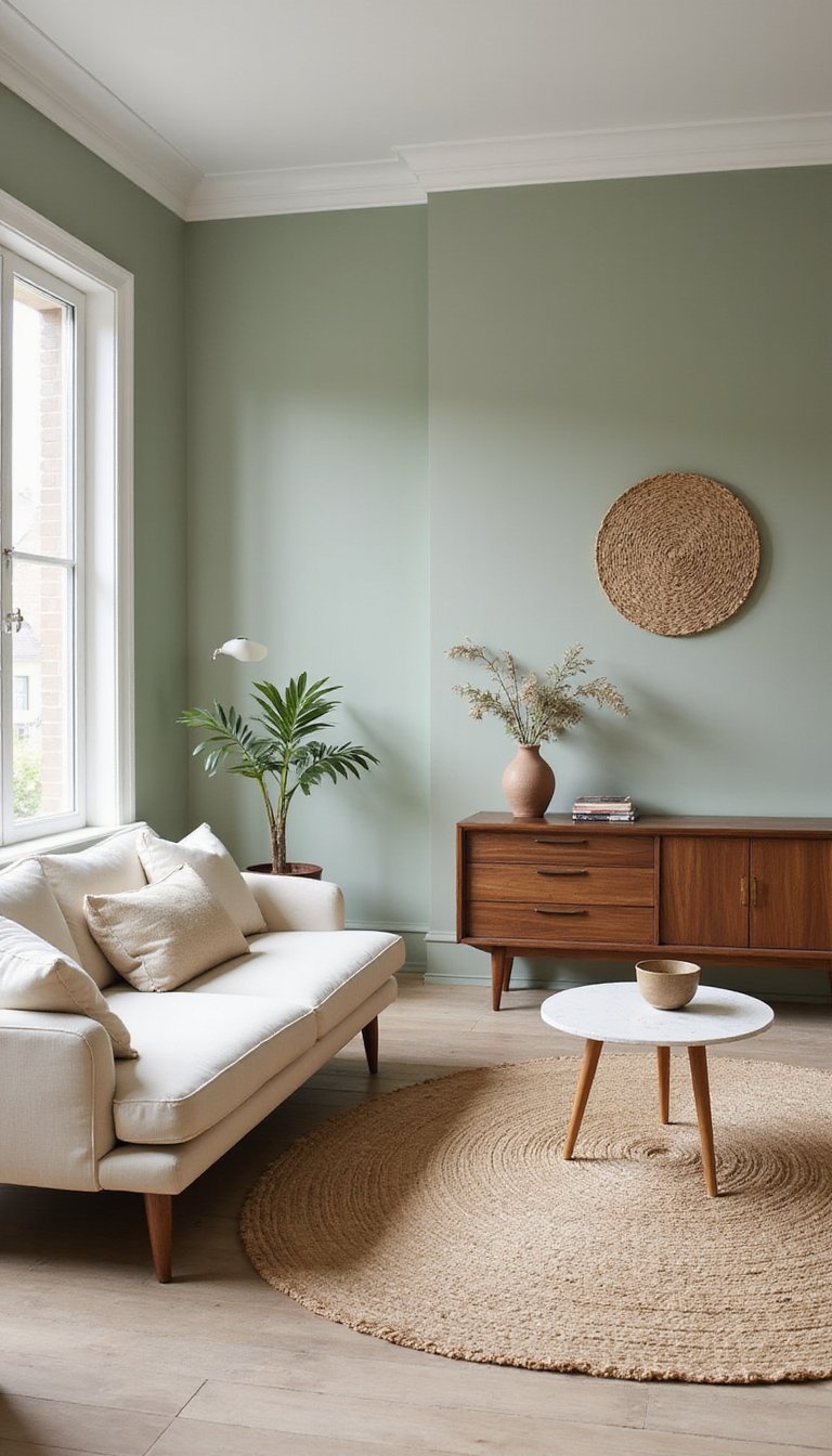 Soft Sage Painted Living Room Accent Wall