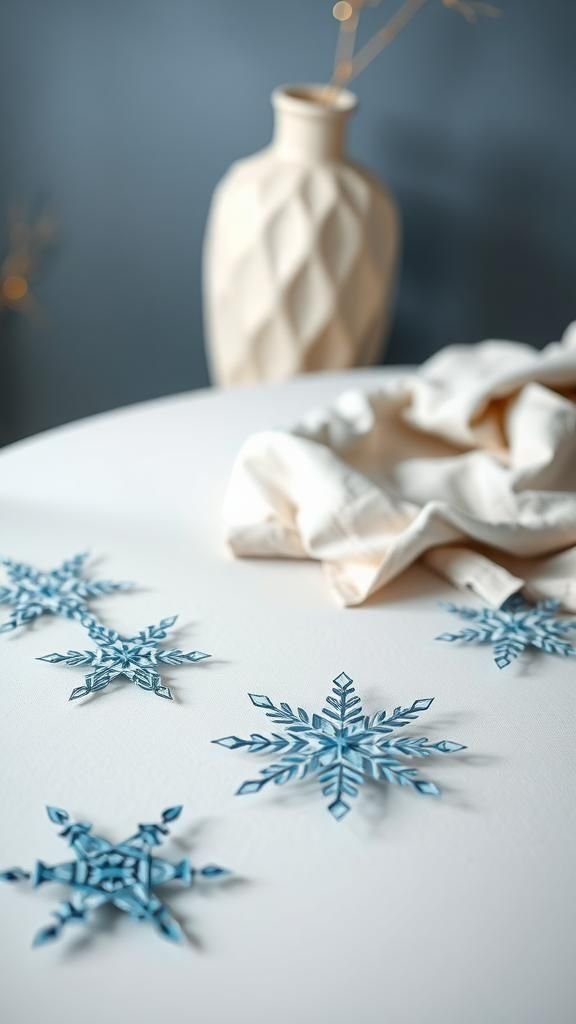 Minimalist geometric snowflakes in cool hues