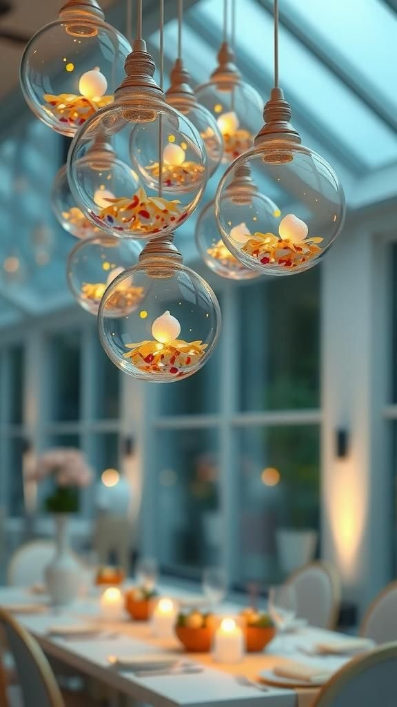 Clear glass orbs filled with confetti and tiny lights