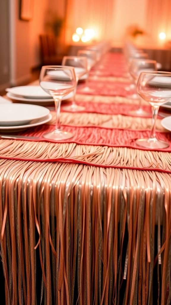 Layered fringe table runner in silver and rose gold