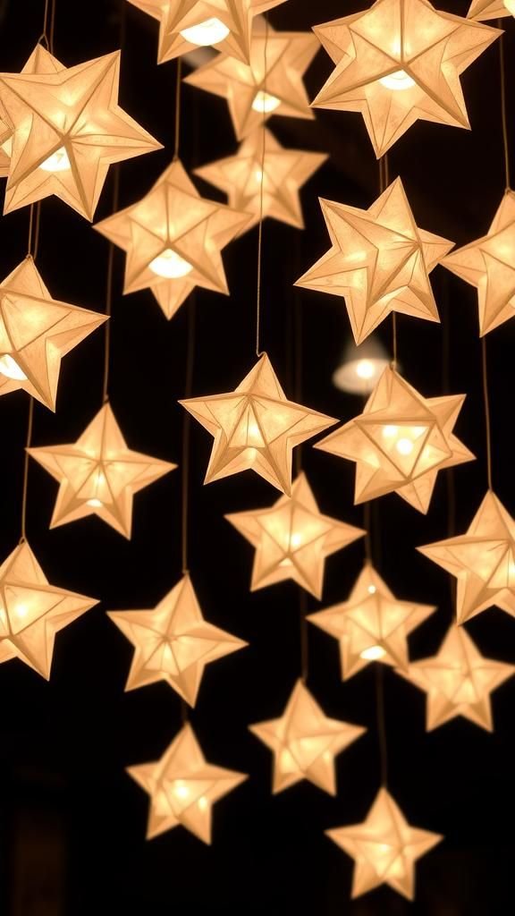 Pearlescent origami star lanterns hung in clusters