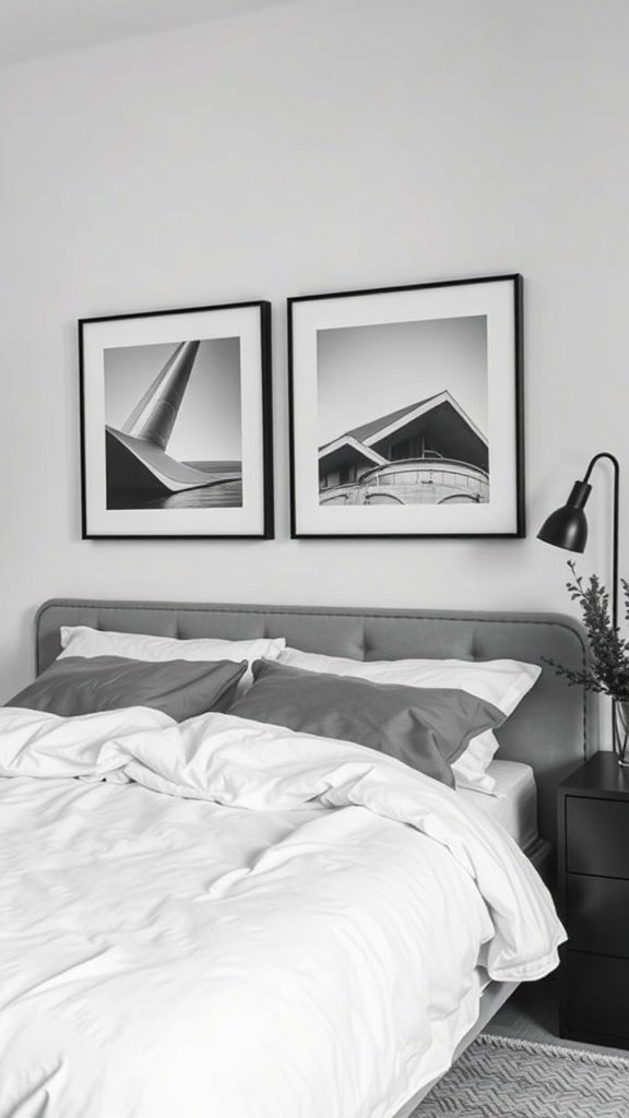 Fotografias minimalistas em preto e branco emolduradas na parede de um quarto