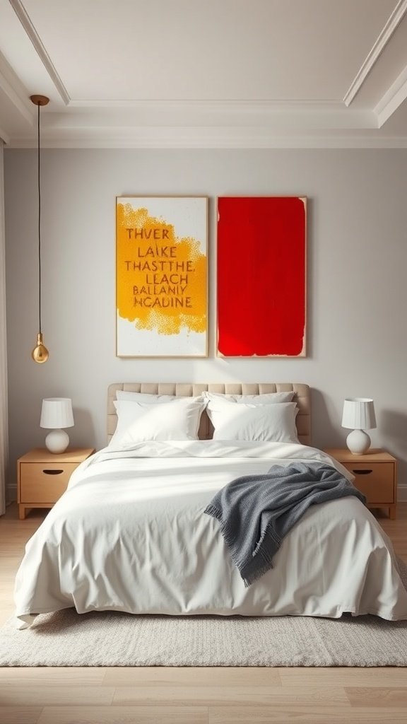 Um quarto moderno com arte em blocos de cores e pinturas amarelas e vermelhas acima da cama.