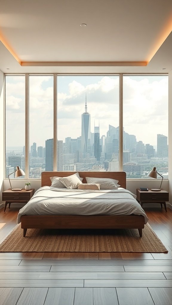 Um quarto moderno com grandes janelas com vista para a cidade e uma fotografia de grande formato na parede.