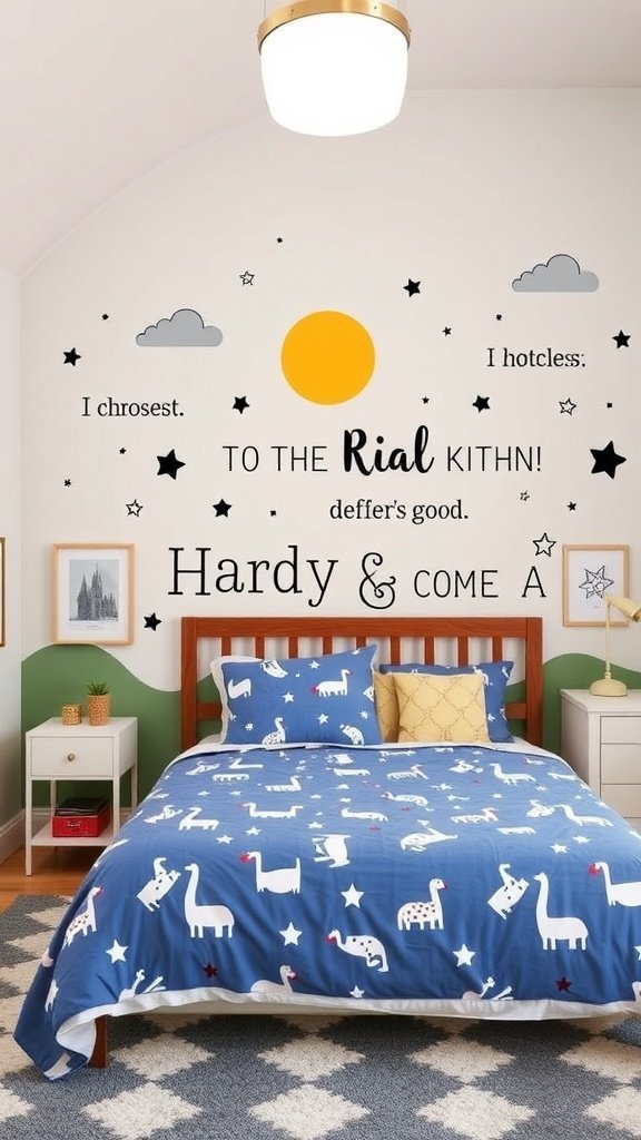 Um quarto com adesivos de parede personalizáveis com designs divertidos e uma colcha colorida.