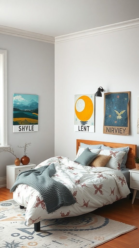 Um quarto moderno com arte de parede em mídia mista, pinturas coloridas e uma cama aconchegante.