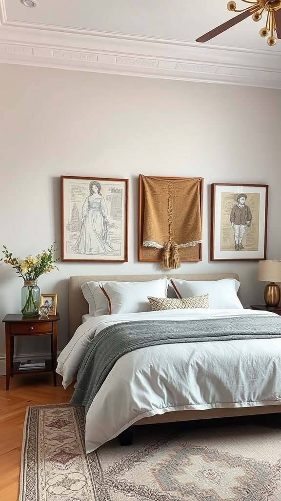 Um quarto moderno com arte em tecido emoldurada na parede, uma cama aconchegante e decoração elegante.