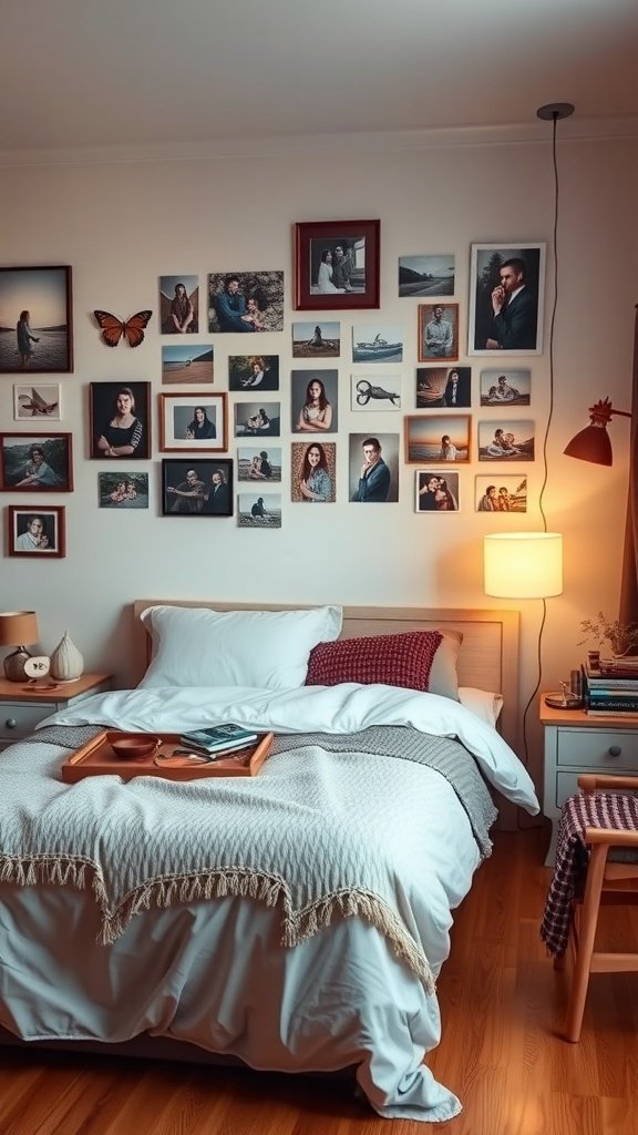 Um quarto aconchegante com uma colagem de fotos personalizada na parede, exibindo várias fotos emolduradas.