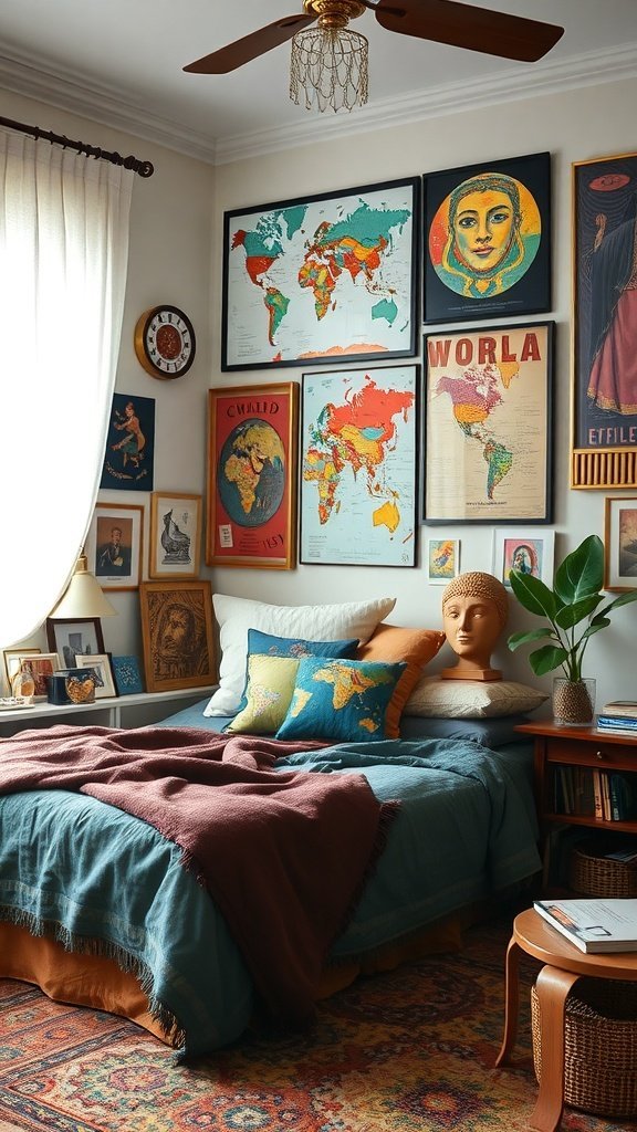 Um quarto aconchegante com artefatos culturais como mapas antigos, pôsteres e esculturas.