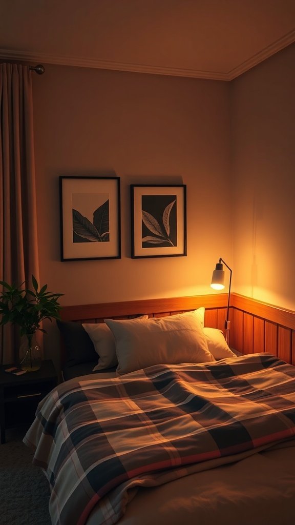 Um quarto aconchegante com iluminação ambiente e arte emoldurada com folhas na parede.