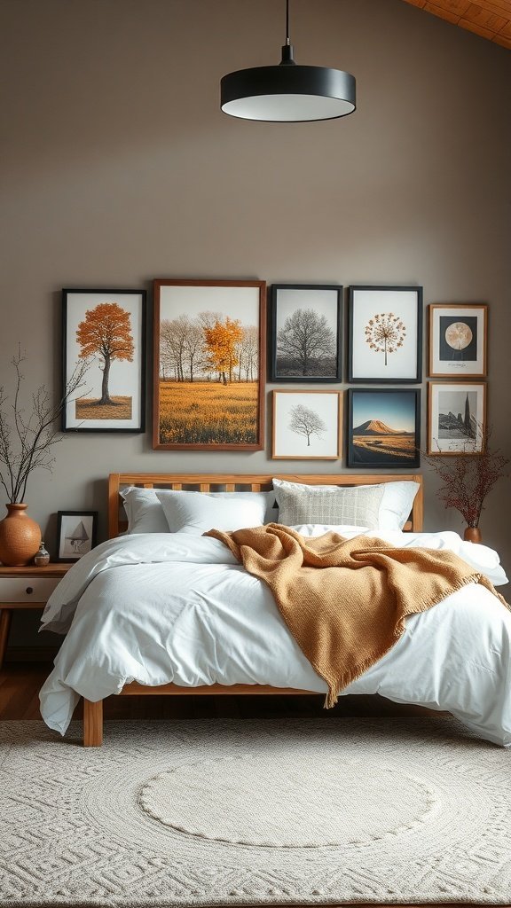 Um quarto moderno com arte de parede sazonal com estampas temáticas de outono.