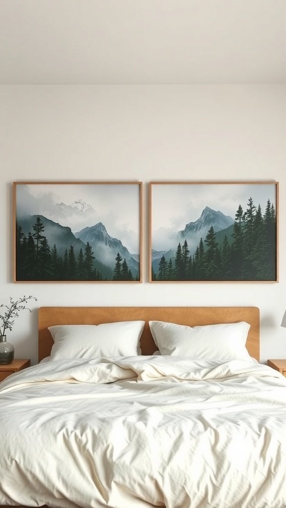 Duas pinturas emolduradas de paisagens naturais com montanhas e florestas acima de uma cama.