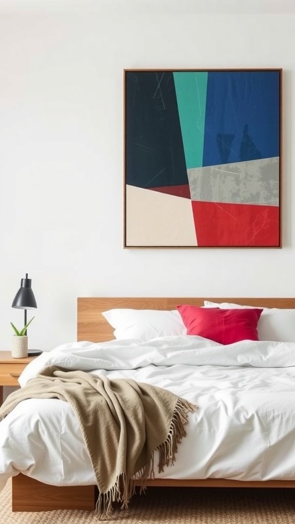 Um quarto moderno com arte de parede geométrica abstrata e cores fortes.