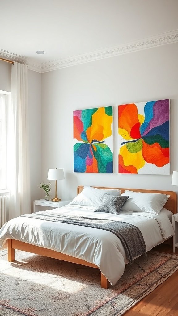 Um quarto moderno com telas coloridas acima da cama.