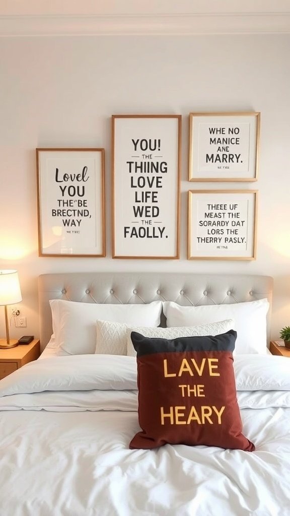 Um quarto moderno com citações inspiradoras emolduradas na parede acima da cama.