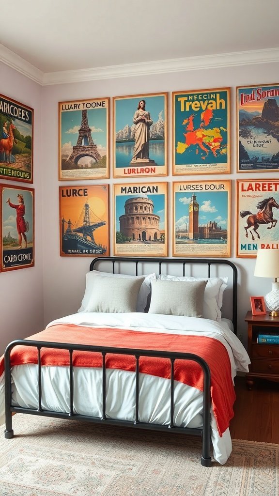 Um quarto com pôsteres de viagens vintage na parede, uma cama e decoração aconchegante.