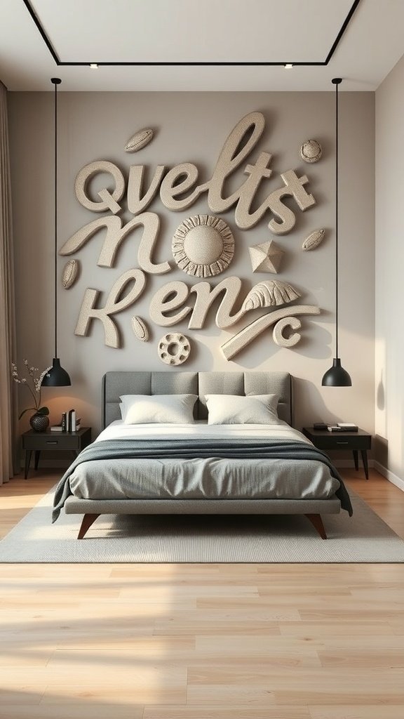Um quarto moderno com arte de parede escultural com elementos texturizados.