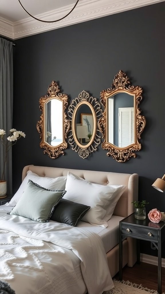 Três espelhos ornamentados em uma parede escura acima de uma cama com almofadas decorativas.