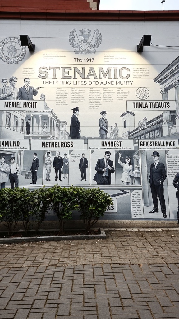 Mural histórico de 1917 que muestra figuras y eventos importantes de la comunidad.