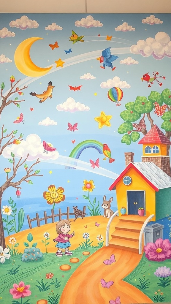 Mural colorido que representa la infancia y la imaginación con elementos como un niño, flores, mariposas y un paisaje alegre.