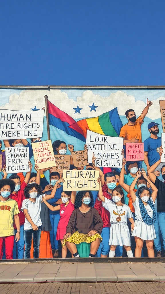 Mural colorido que muestra a un grupo diverso de personas sosteniendo carteles sobre derechos humanos y lucha por la igualdad.
