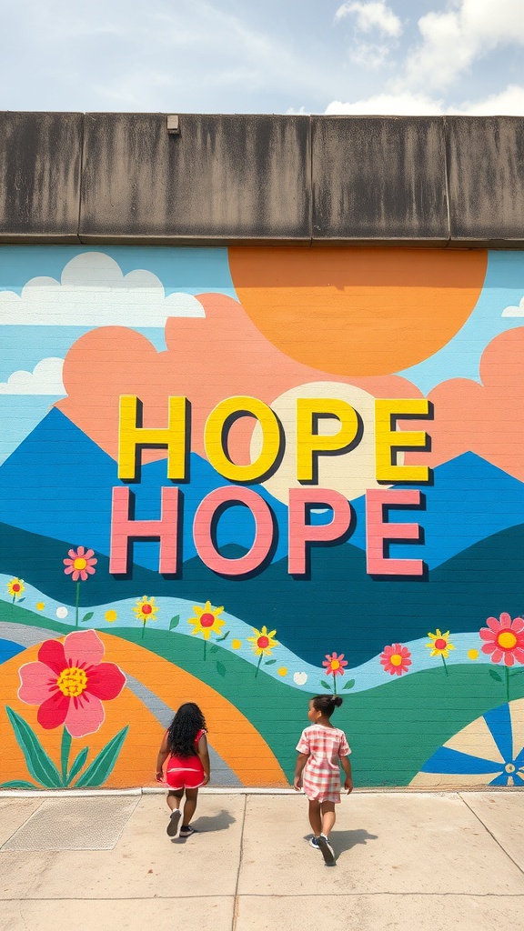 Mural colorido que dice 'HOPE' con flores y montañas de fondo