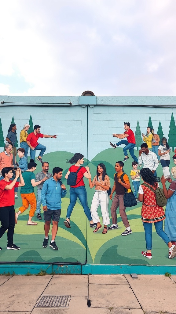 Mural colorido que muestra a diversas personas interactuando y compartiendo momentos en un entorno comunitario.