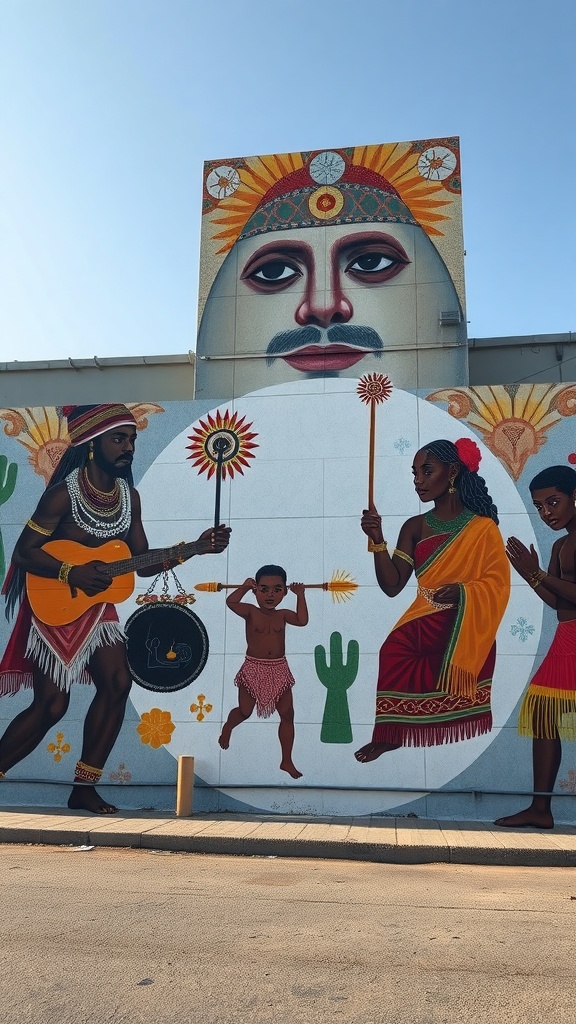 Mural que representa figuras ancestrales y elementos culturales.