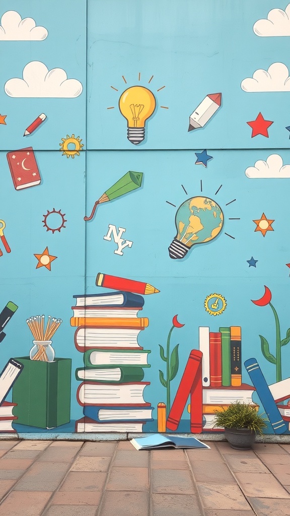 Mural colorido con libros, bombillas y símbolos de educación
