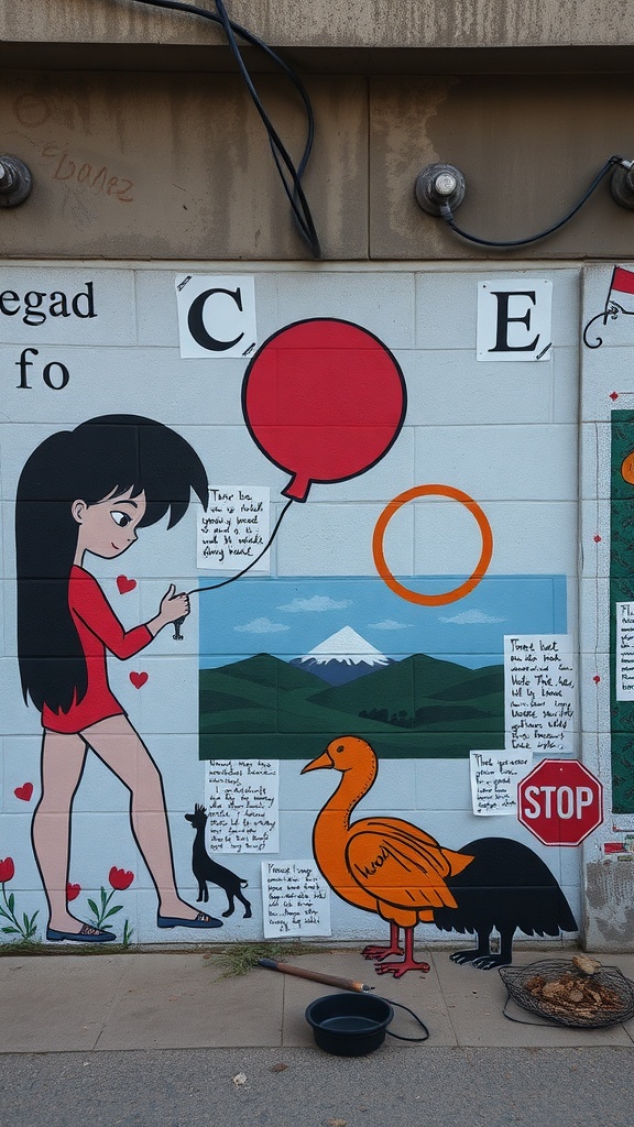 Mural que representa a una chica con un globo, un paisaje y elementos que reflejan la identidad personal.