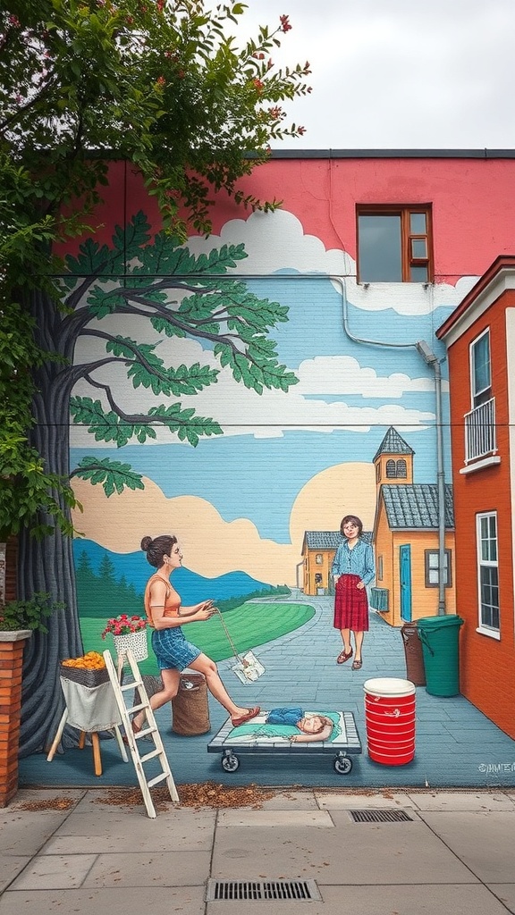 Mural que representa a dos mujeres en un entorno cotidiano, una pintando y otra observando.