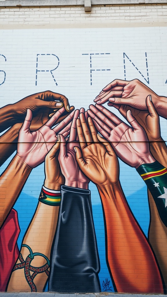 Mural que muestra varias manos unidas, simbolizando la solidaridad global.