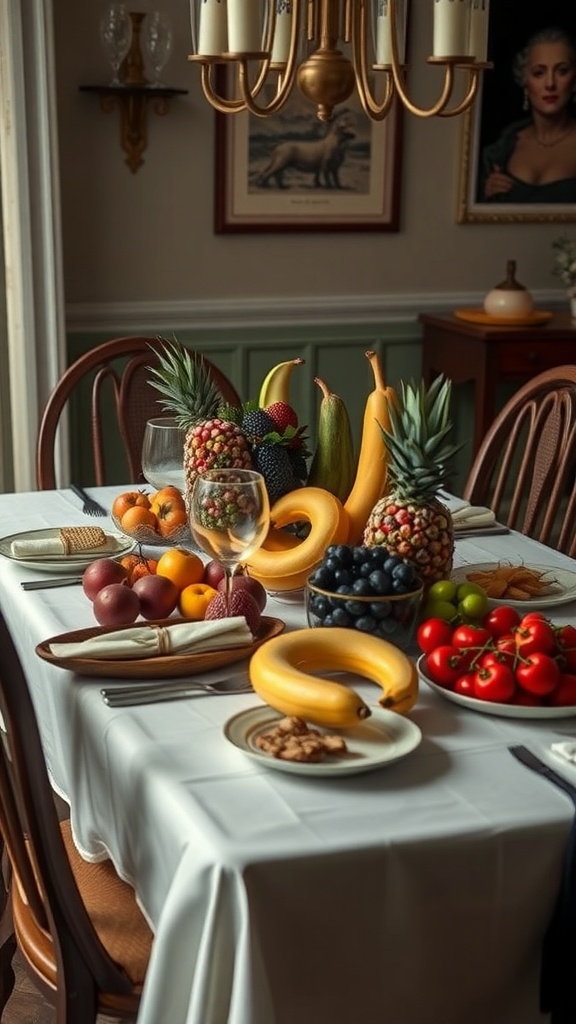 Mesa del comedor decorada con frutas frescas como piñas, plátanos, fresas y uvas.