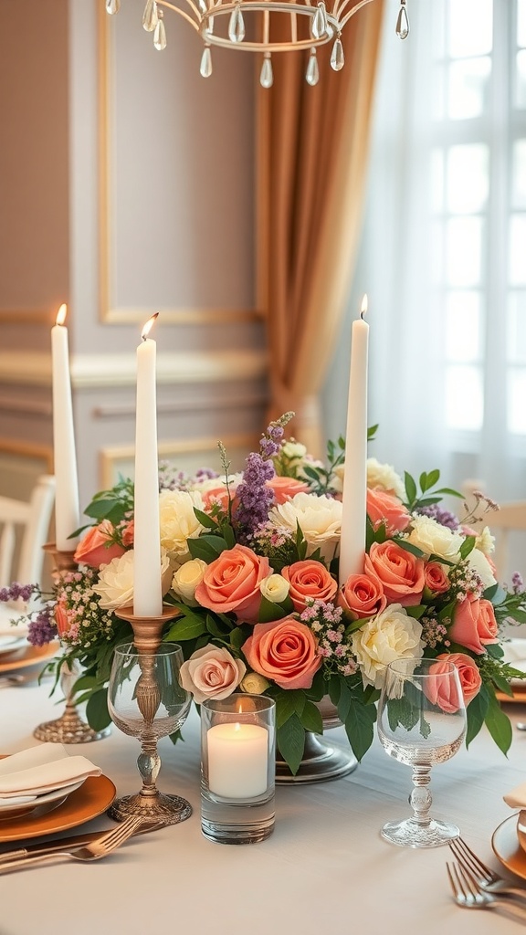 Centro de mesa con flores y velas en un comedor elegante
