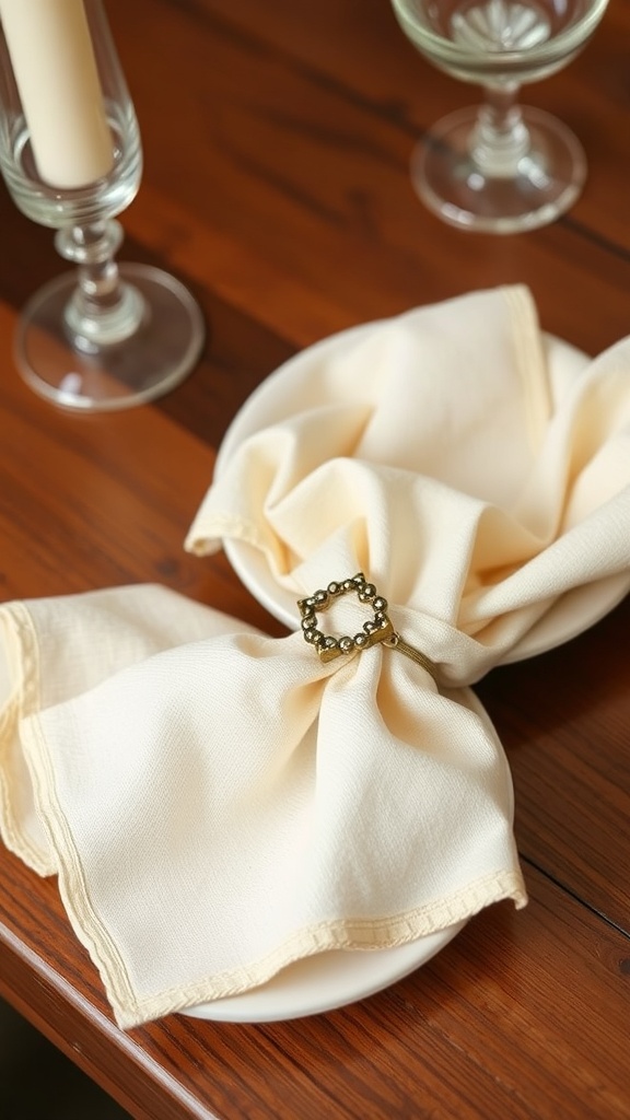 Servilletas de tela con anillos decorativos sobre un plato en una mesa de comedor.