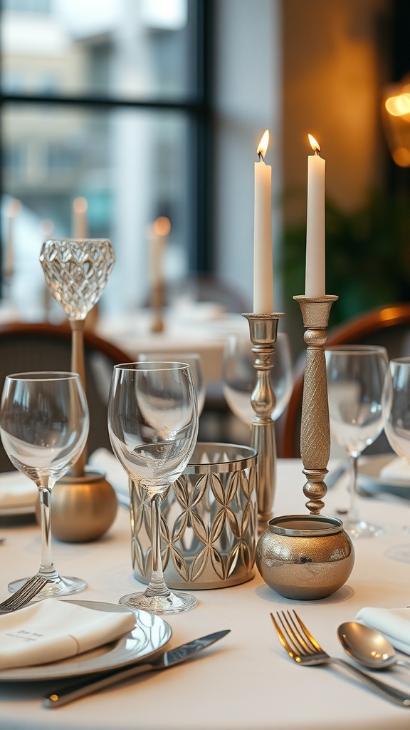Mesa decorada con accesorios metálicos, incluyendo candelabros y copas elegantes.