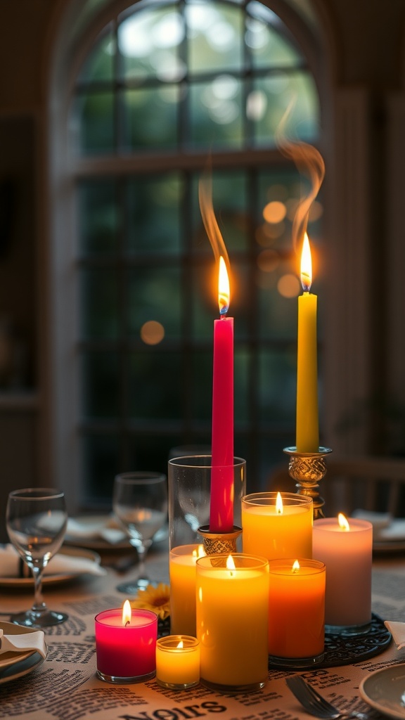 Mesa decorada con velas aromáticas de diferentes colores y formas.