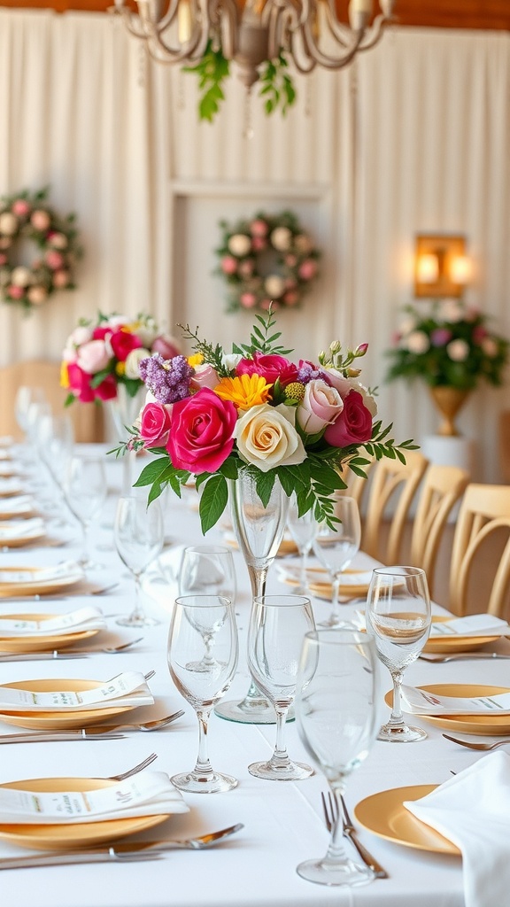 Mesa decorada con coronas de flores como centros de mesa