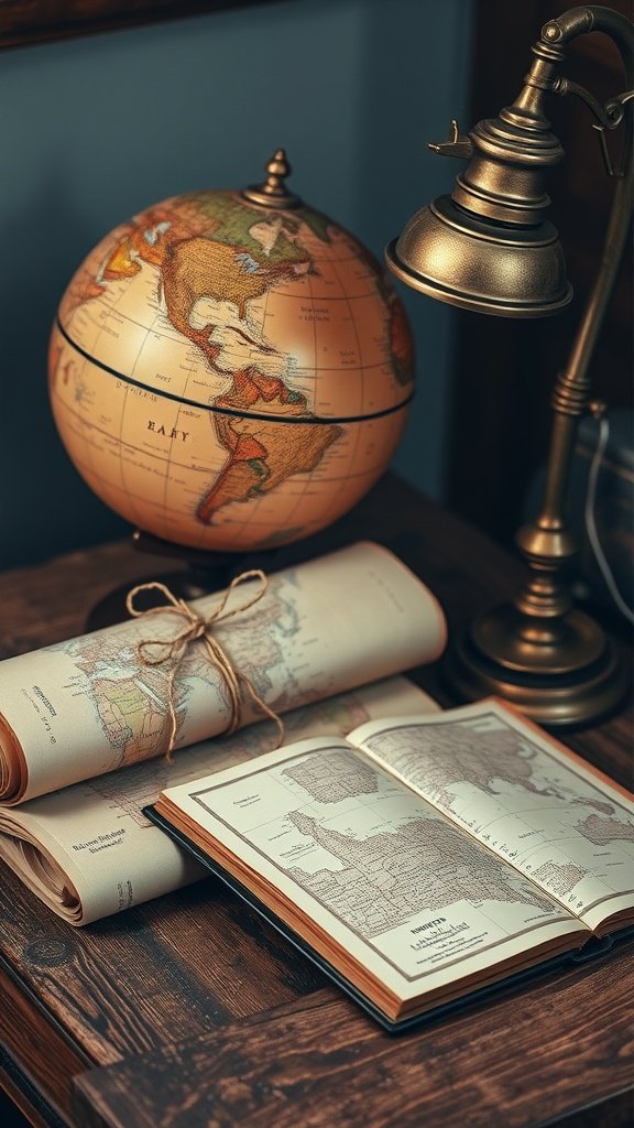 Un globe antique à côté de cartes enroulées et d'un livre ouvert sur une table en bois.