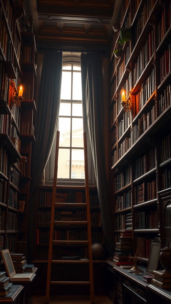Une pièce confortable avec des étagères en bois anciennes remplies de livres, une échelle et une fenêtre laissant entrer la lumière naturelle.