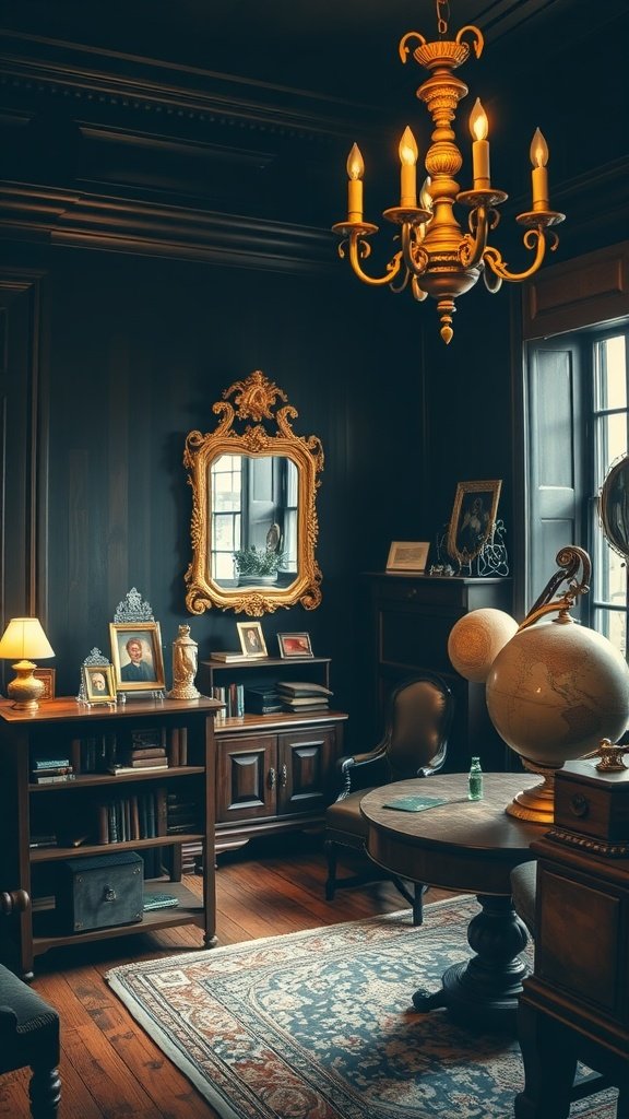 Une pièce aux accents de laiton et d'or avec un lustre, un miroir vintage et des meubles en bois foncé.