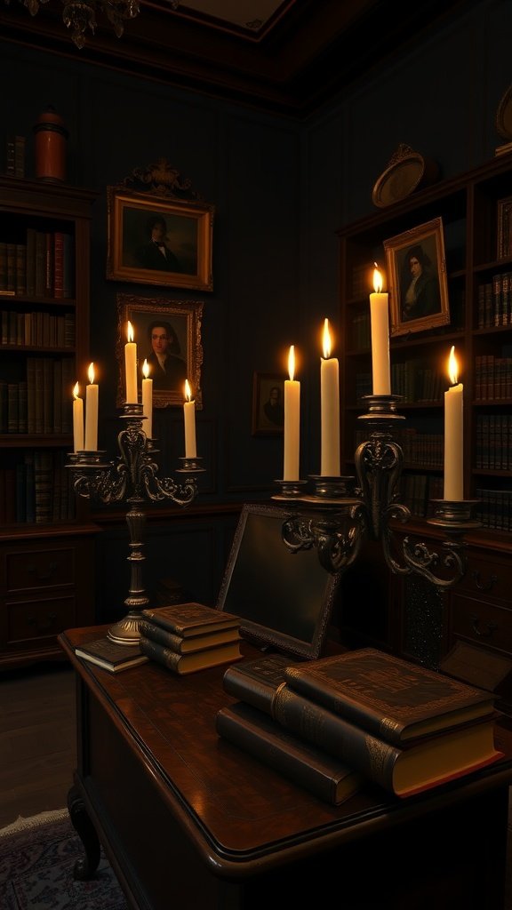 Un bureau faiblement éclairé avec des bougies sur un bureau entouré de livres et de portraits.