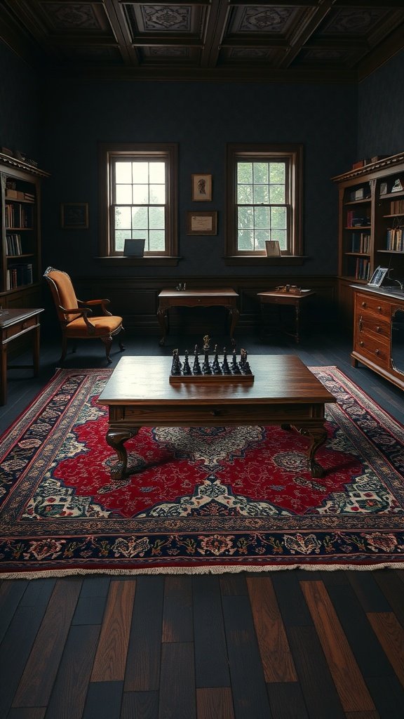 Une salle d'étude confortable comprenant un tapis persan classique, des meubles en bois et des étagères.